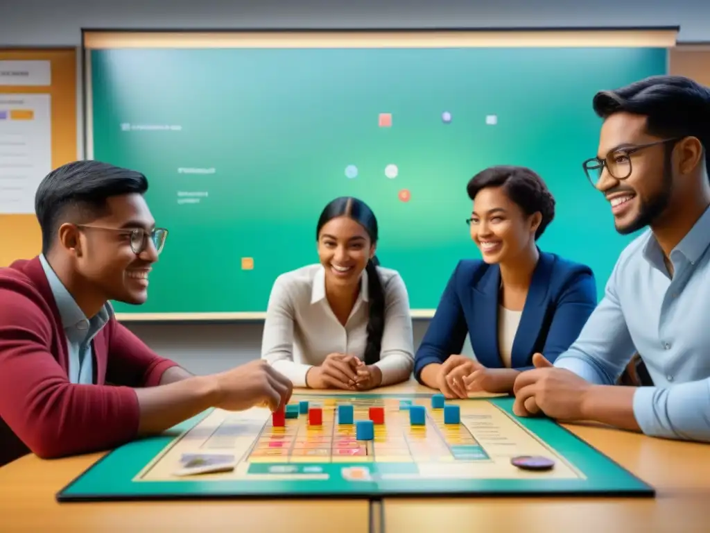 Grupo diverso de estudiantes universitarios disfrutando de un juego de mesa en un aula iluminada