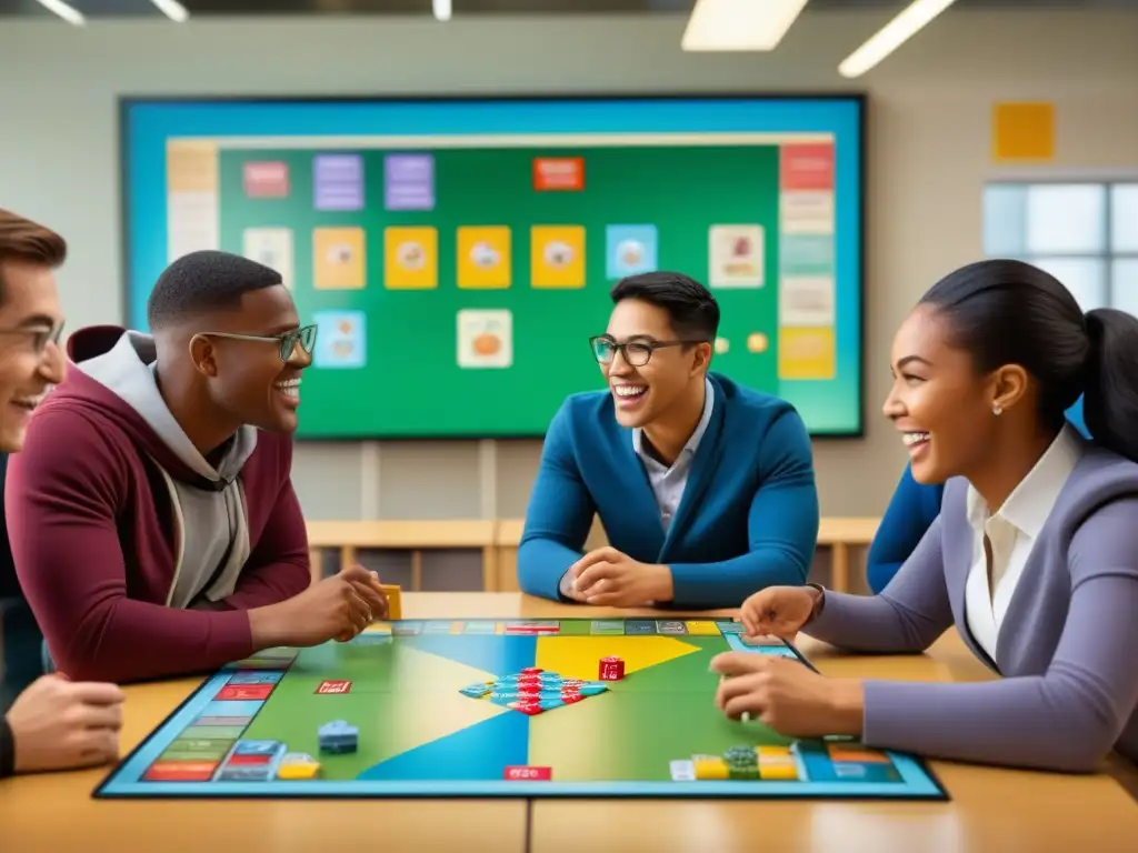 Grupo diverso de estudiantes universitarios participando en un emocionante juego de mesa educativo en un aula moderna