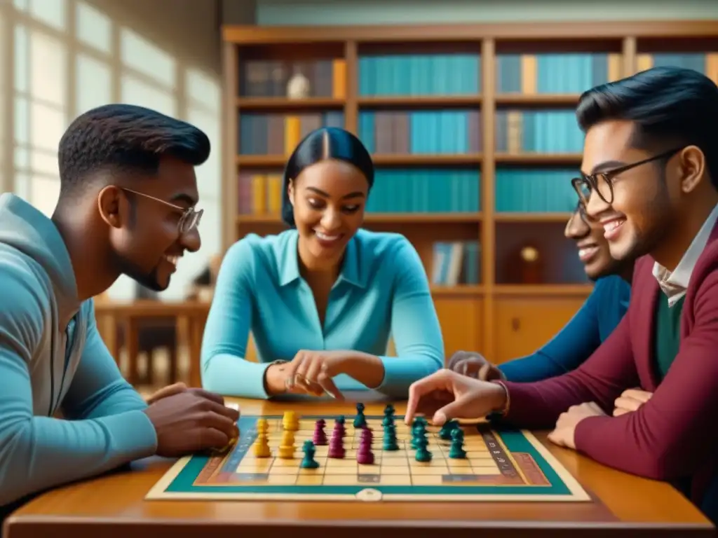 Un grupo diverso de estudiantes universitarios creando juegos de mesa universitarios en una sala común acogedora