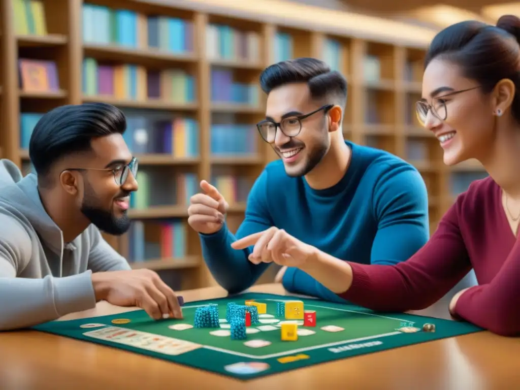 Grupo diverso de estudiantes universitarios creando juegos de mesa en biblioteca iluminada