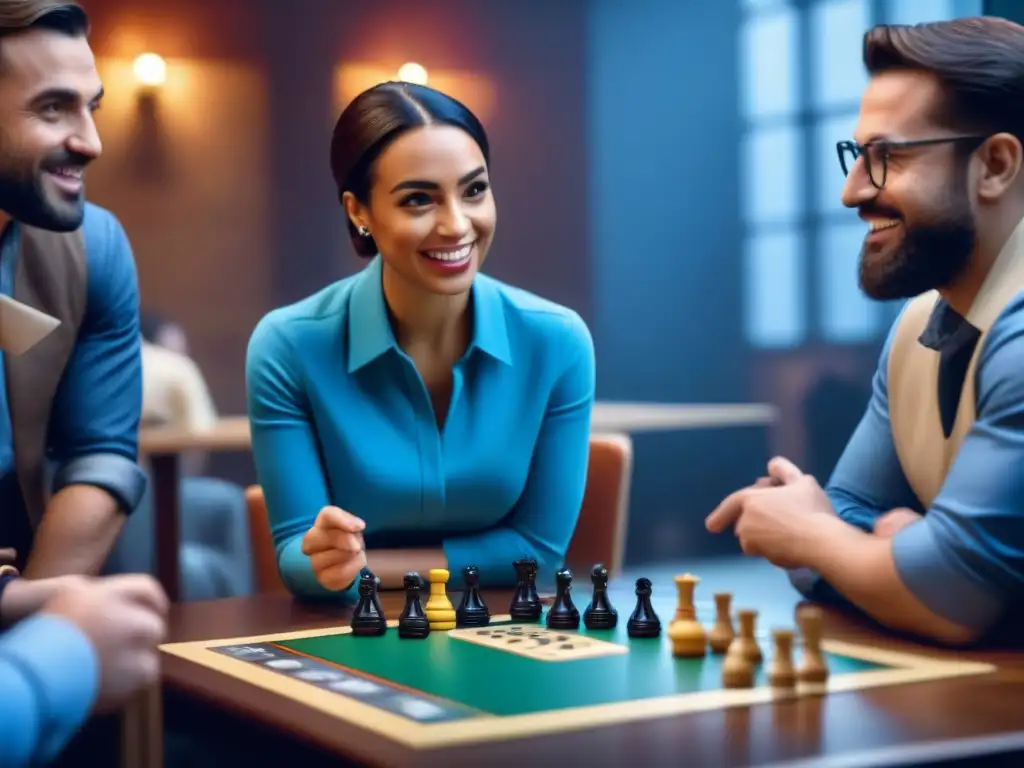 Grupo diverso en evento lanzamiento juegos de mesa, interactuando con emoción y entusiasmo en torno a la mesa