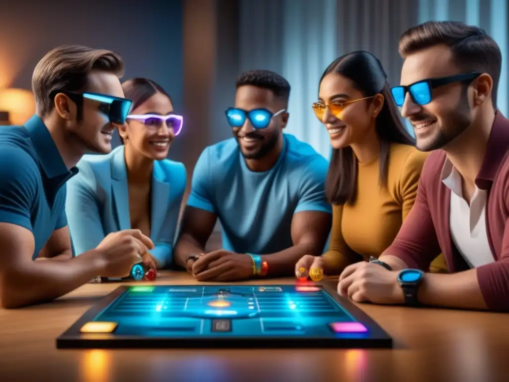 Un grupo diverso disfruta de una Experiencia inmersiva con tecnología wearable en un juego de mesa futurista e iluminado