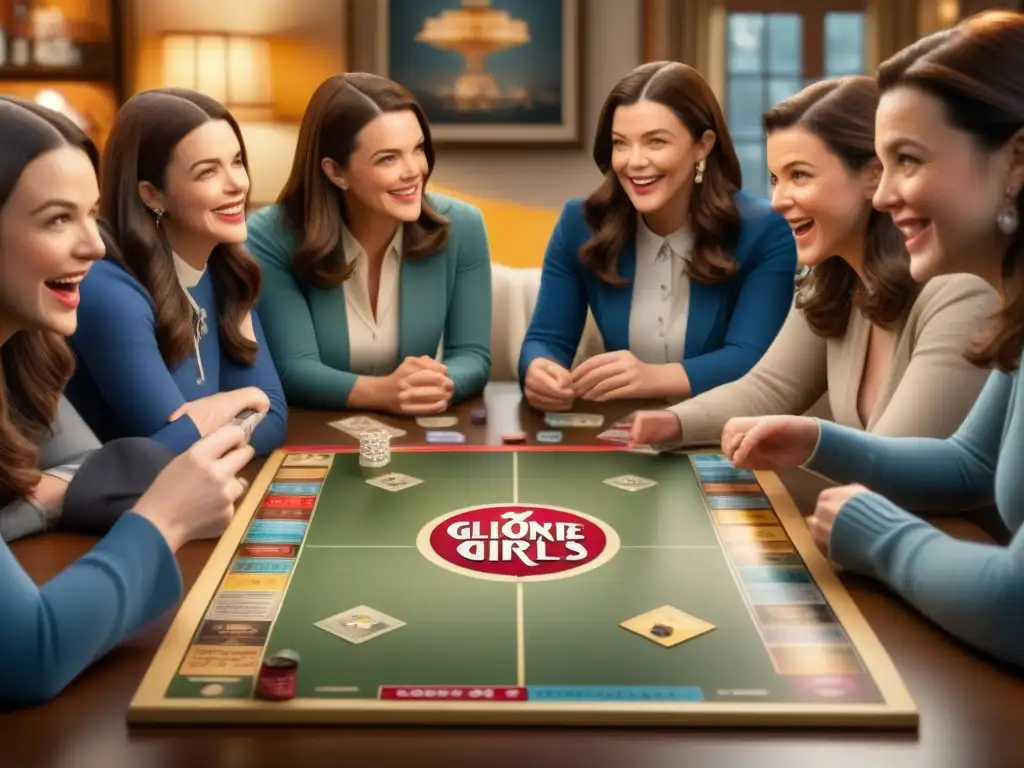 Un grupo diverso de fans entusiastas disfruta de un animado juego de mesa Gilmore Girls rodeados de memorabilia y luces de hadas