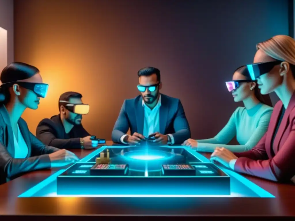 Un grupo diverso usando gafas de realidad aumentada en juego de mesa futurista