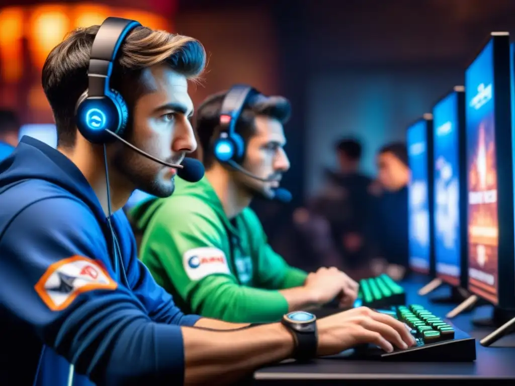 Grupo diverso de gamers concentrados en torneo online con estrategias avanzadas