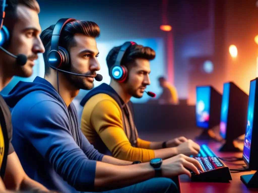 Grupo diverso de gamers probando videojuegos en consolas de alta tecnología, con intensa emoción