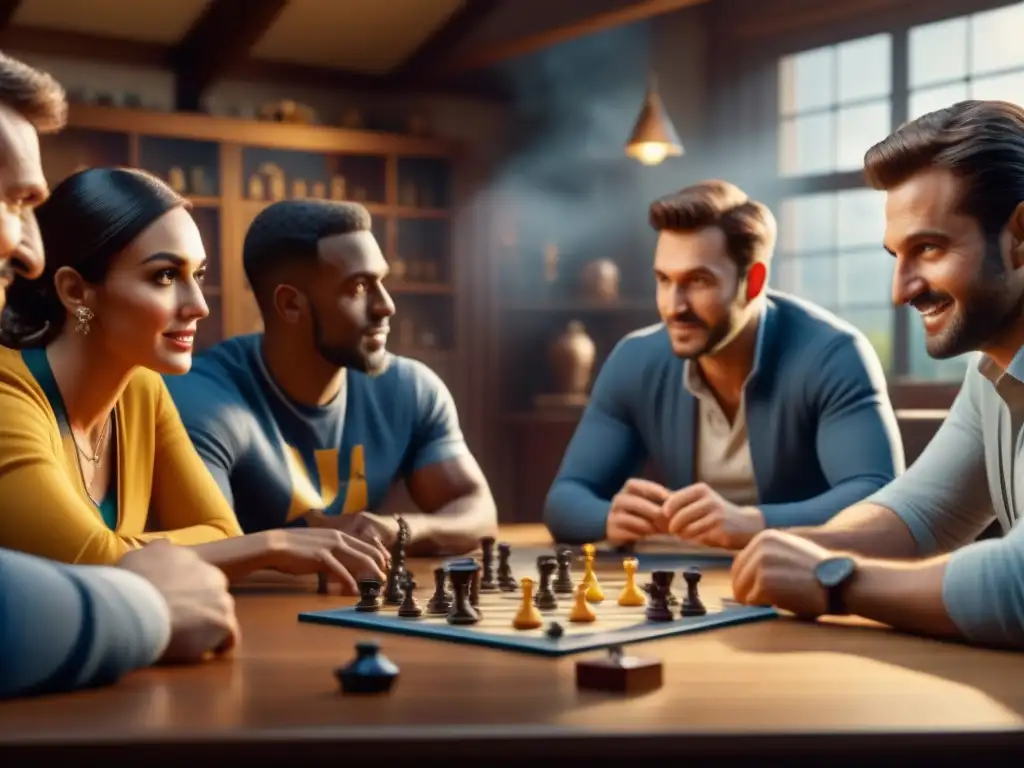 Grupo diverso mejora habilidades juegos mesa local, concentrados y camaradería en club de juegos de mesa