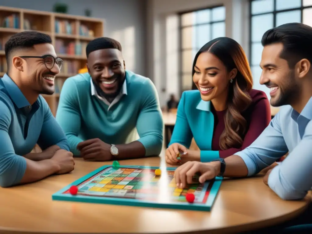 Un grupo diverso mejora habilidades sociales con juegos de mesa en un aula acogedora