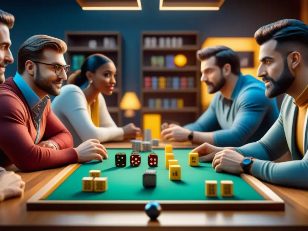 Un grupo diverso de influencers de juegos de mesa innovadores concentrados y emocionados jugando en una mesa llena de juegos