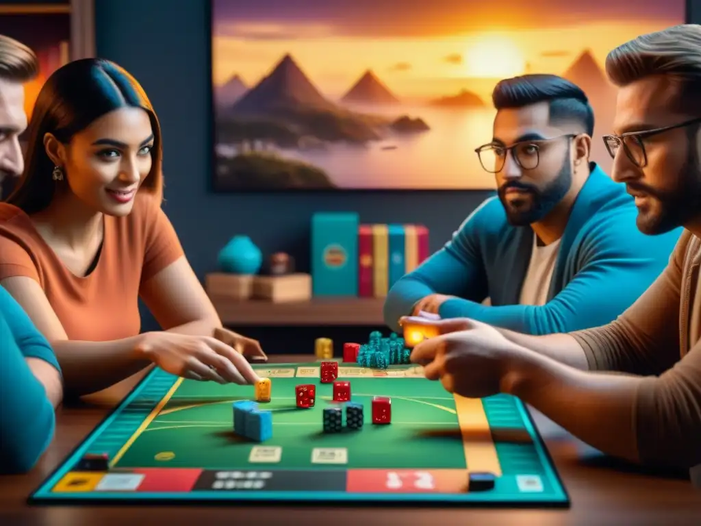 Influencers de juegos de mesa: pasión y estrategias en acción Un grupo diverso de influencers de juegos de mesa auténticos disfruta apasionadamente de una sesión de juegos