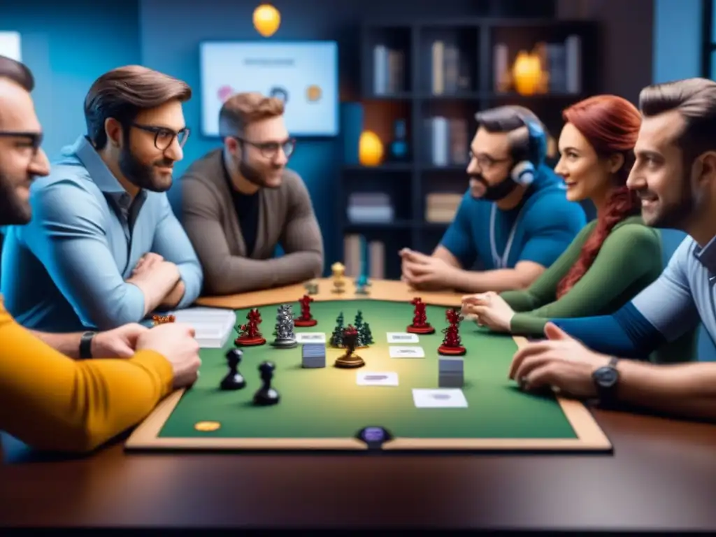 Un grupo diverso de influencers de juegos de mesa colaboran y comparten ideas en un ambiente acogedor