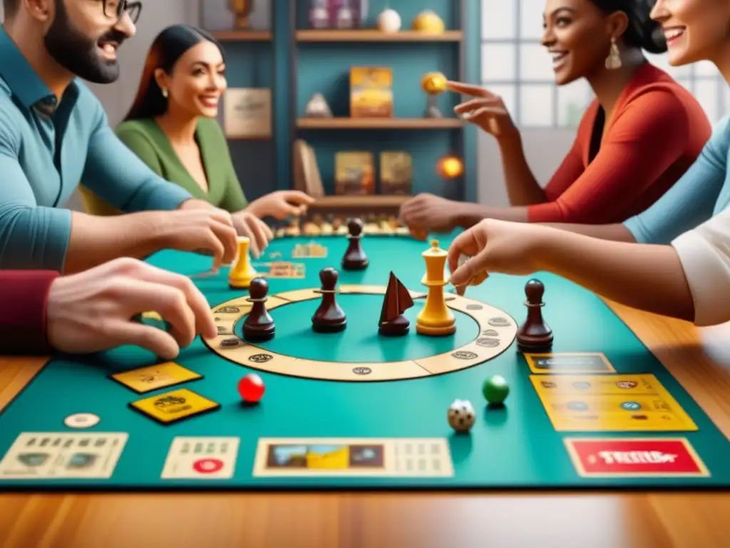 Un grupo diverso de influencers de juegos de mesa concentrados en estrategias para promocionar juegos, rodeados de juegos coloridos