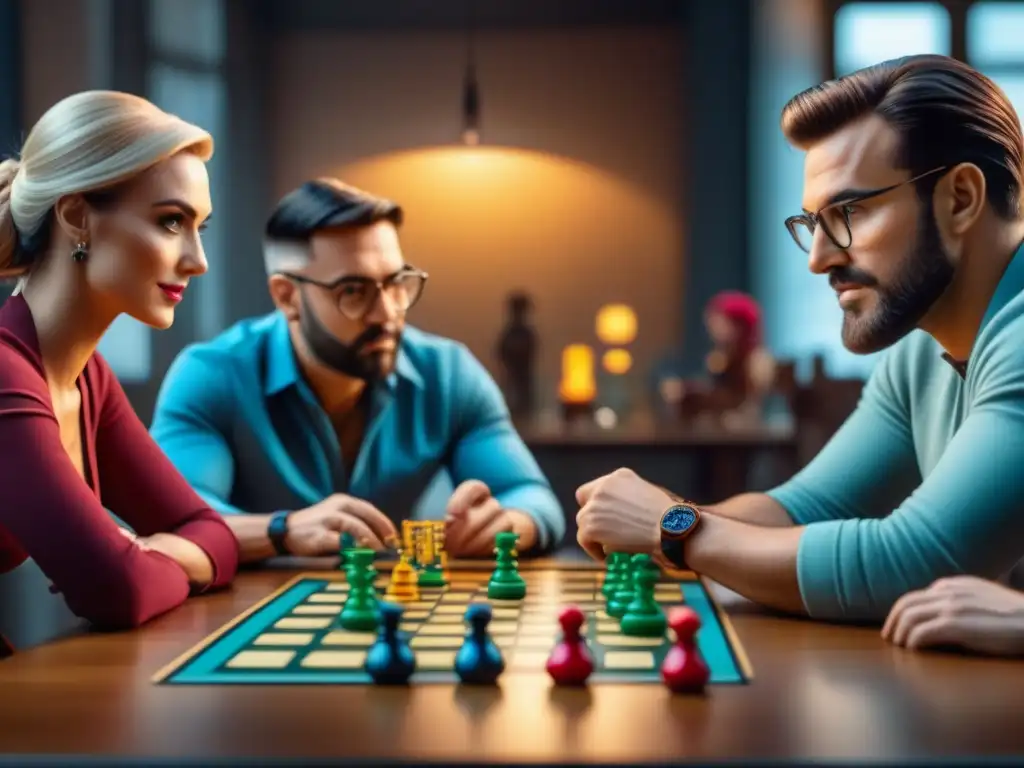 Grupo diverso de influencers de juegos de mesa innovadores disfrutando intensa sesión de juegos clásicos y modernos