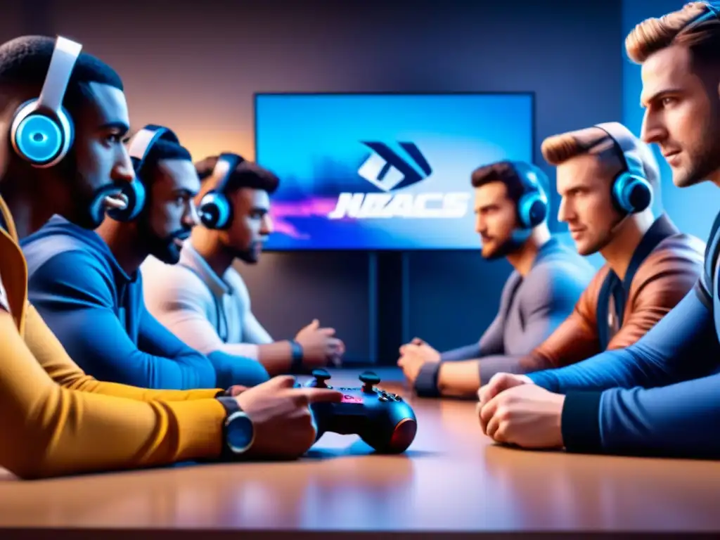 Grupo diverso de influencers de videojuegos en animada colaboración, rodeados de consolas y headsets