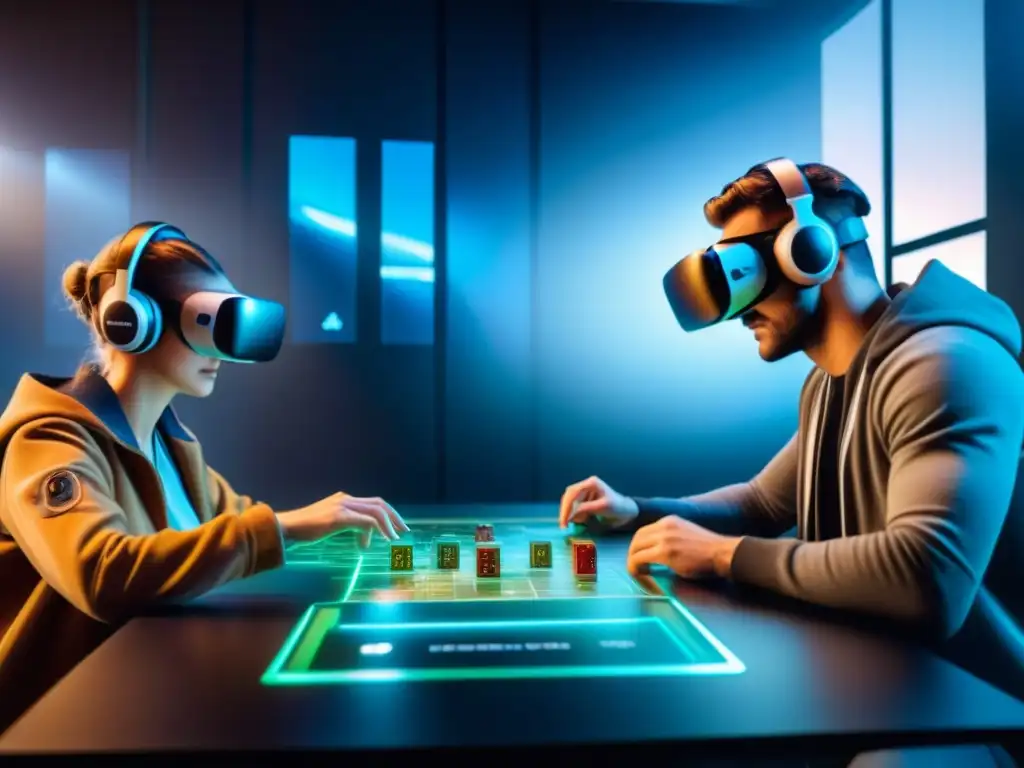 Grupo diverso inmerso en un juego de mesa futurista con Realidad Virtual, en un paisaje tecnológico