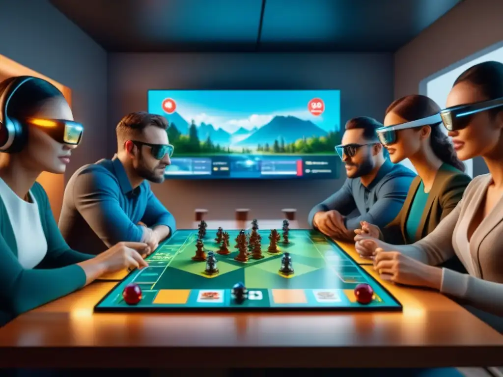 Grupo diverso inmerso en juego de mesa digital con lentes de realidad aumentada