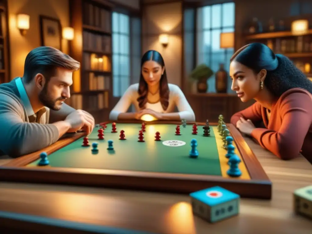 Partida épica en juego de mesa: estrategias y diversión Grupo diverso inmerso en juego de mesa detallado, fomentando comunidad