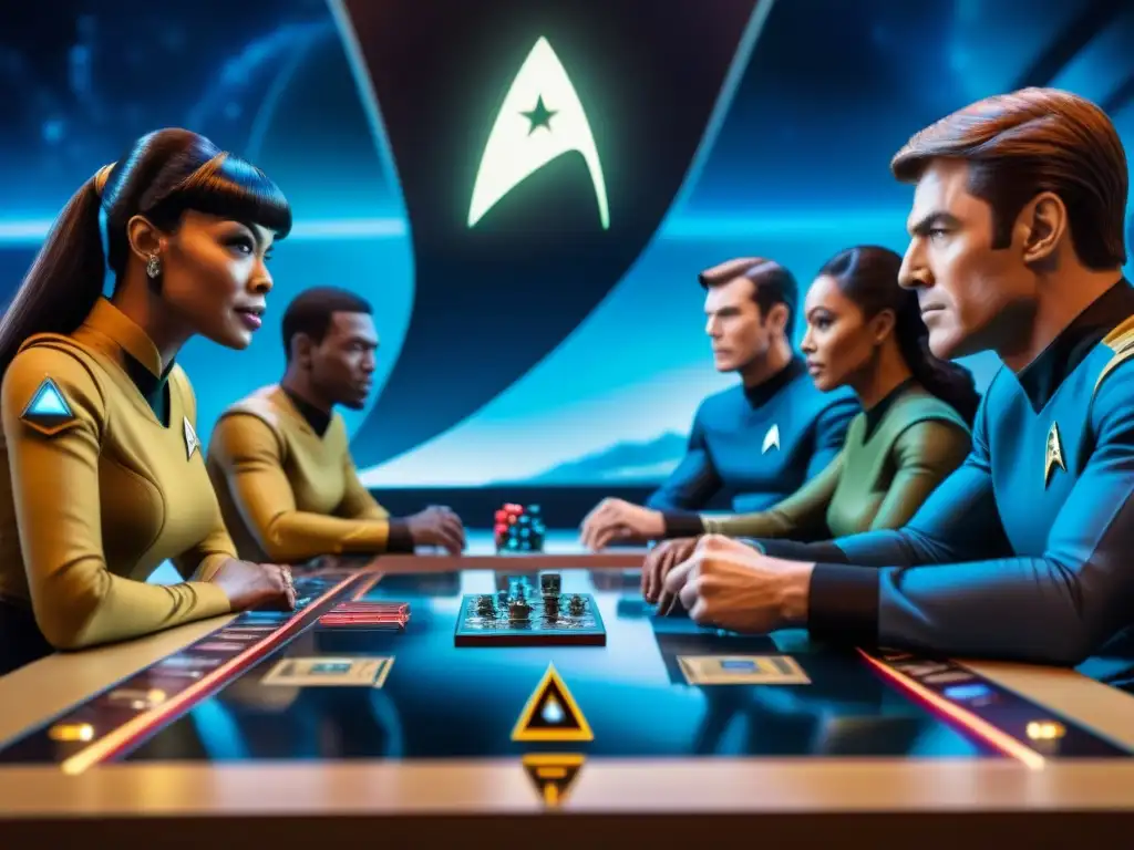 Grupo diverso inmerso en el juego de mesa Star Trek, concentrados y emocionados en su aventura espacial