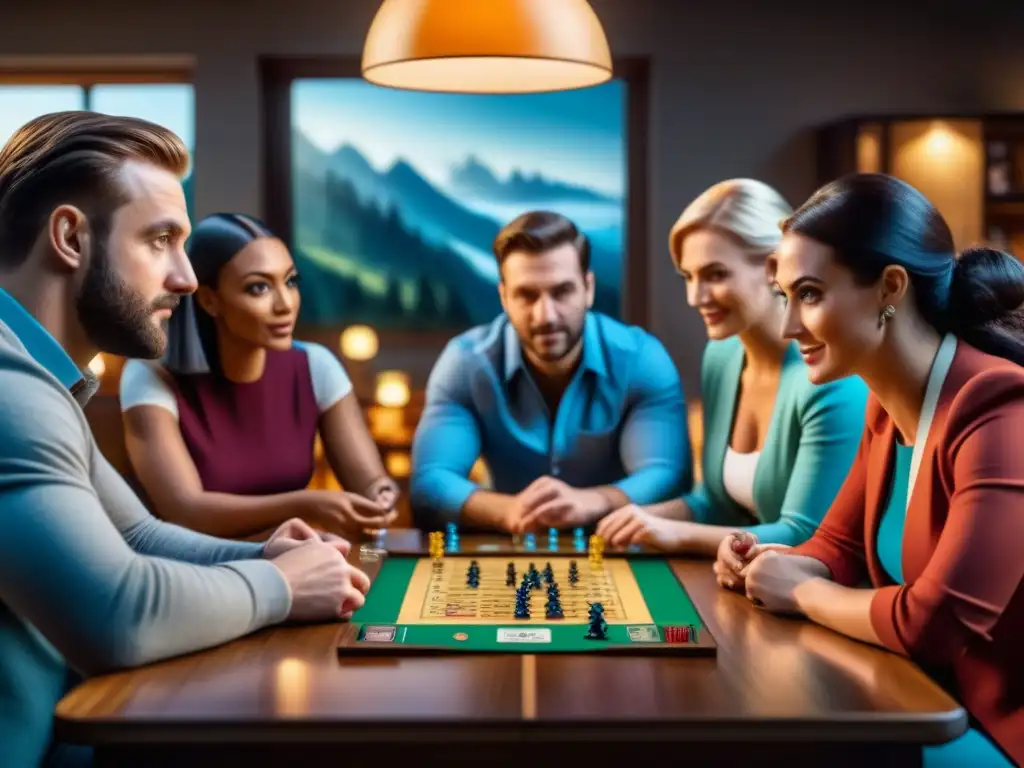 Grupo diverso inmerso en un juego de mesa estratégico en ambiente acogedor
