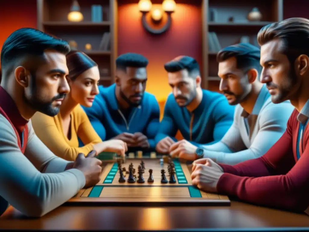 Grupo diverso inmerso en juego de mesa estratégico, mostrando concentración y camaradería