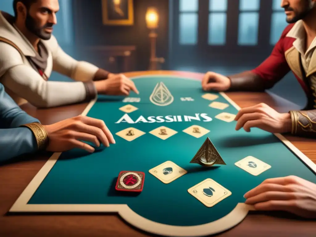 Grupo diverso inmerso en juego de mesa de Assassin's Creed, destacando la transición de videojuegos a juegos de mesa