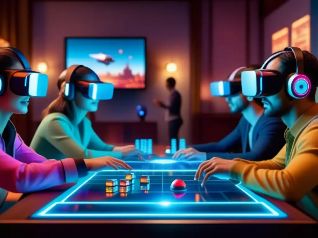 Grupo diverso inmerso en mundo de Realidad Virtual en juegos mesa, concentración y emoción en ambiente futurista holográfico