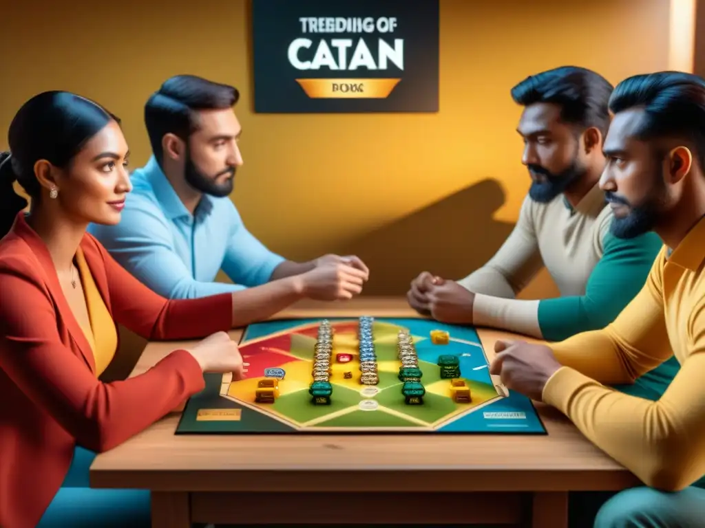 Grupo diverso inmerso en una partida de Catan, mostrando colaboración y competencia en la historia de juegos de mesa