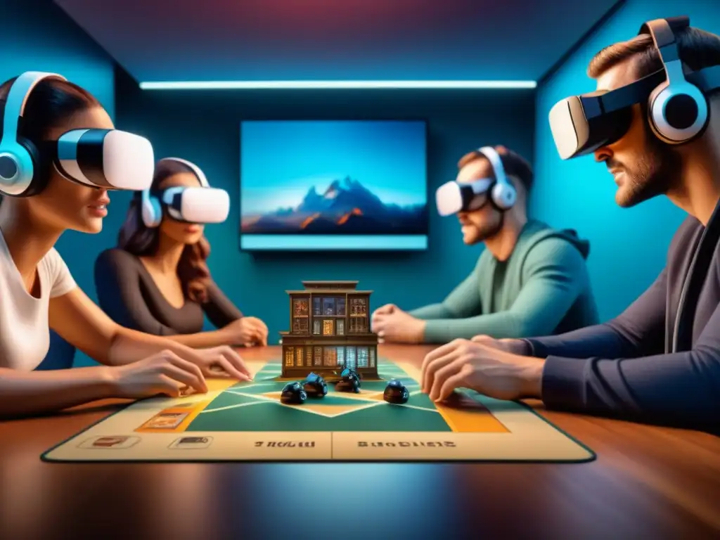 Grupo diverso inmerso en Realidad Virtual para juegos de mesa, fusionando lo tradicional con lo futurista en una atmósfera de emoción y comunidad