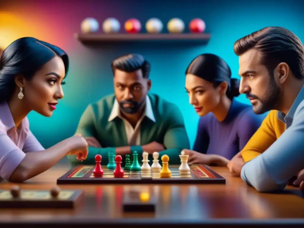 Juego de mesa: Diversión y emoción en comunidad Grupo diverso disfruta intensa partida de juegos de mesa, reflejando la cultura pop