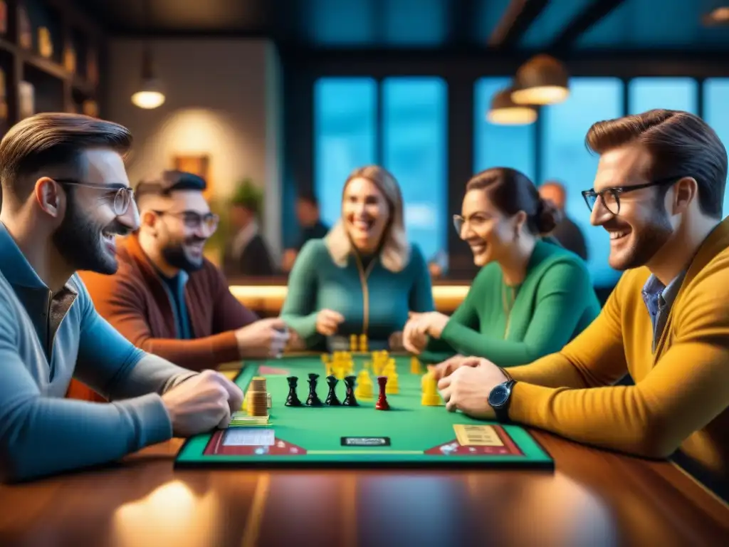 Grupo diverso disfruta intensa partida de juegos en café