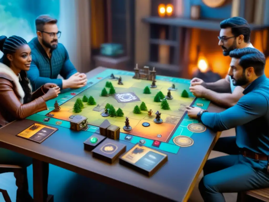 Grupo diverso juega Gloomhaven con intensidad y cooperación, destacando juegos de mesa en equipo