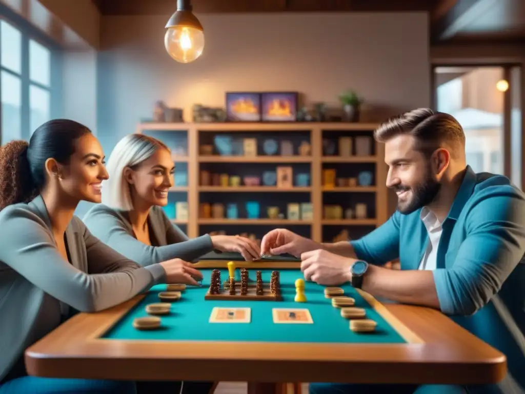 Un grupo diverso disfruta con intensidad los juegos de mesa en un café acogedor