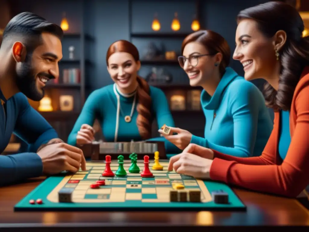 Grupo diverso disfruta con intensidad de juegos de mesa, creando un ambiente acogedor y de diversión