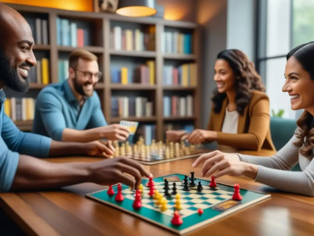 Un grupo diverso disfruta con intensidad de juegos de mesa en una acogedora sala iluminada, mostrando estrategias para juegos de mesa