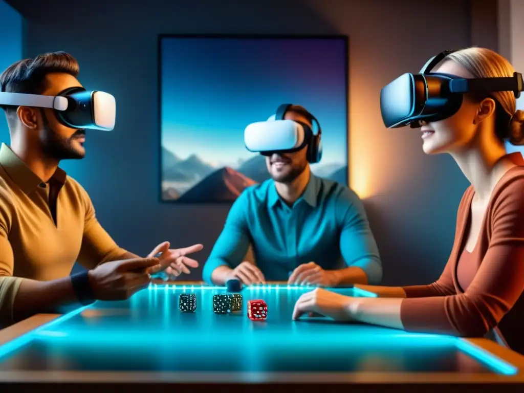 Un grupo diverso de jóvenes con auriculares de RV disfrutan de un juego de mesa en un entorno virtual futurista