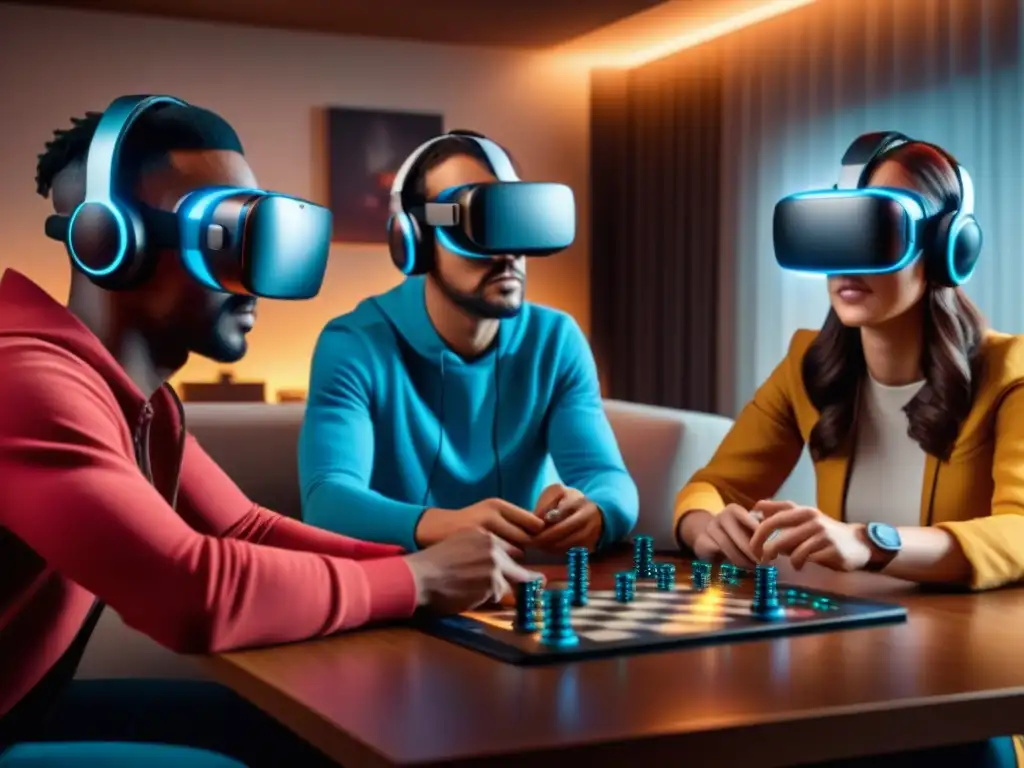 Grupo diverso de jóvenes jugando con entusiasmo y concentración en un juego de mesa de Realidad Virtual, en un ambiente moderno y futurista