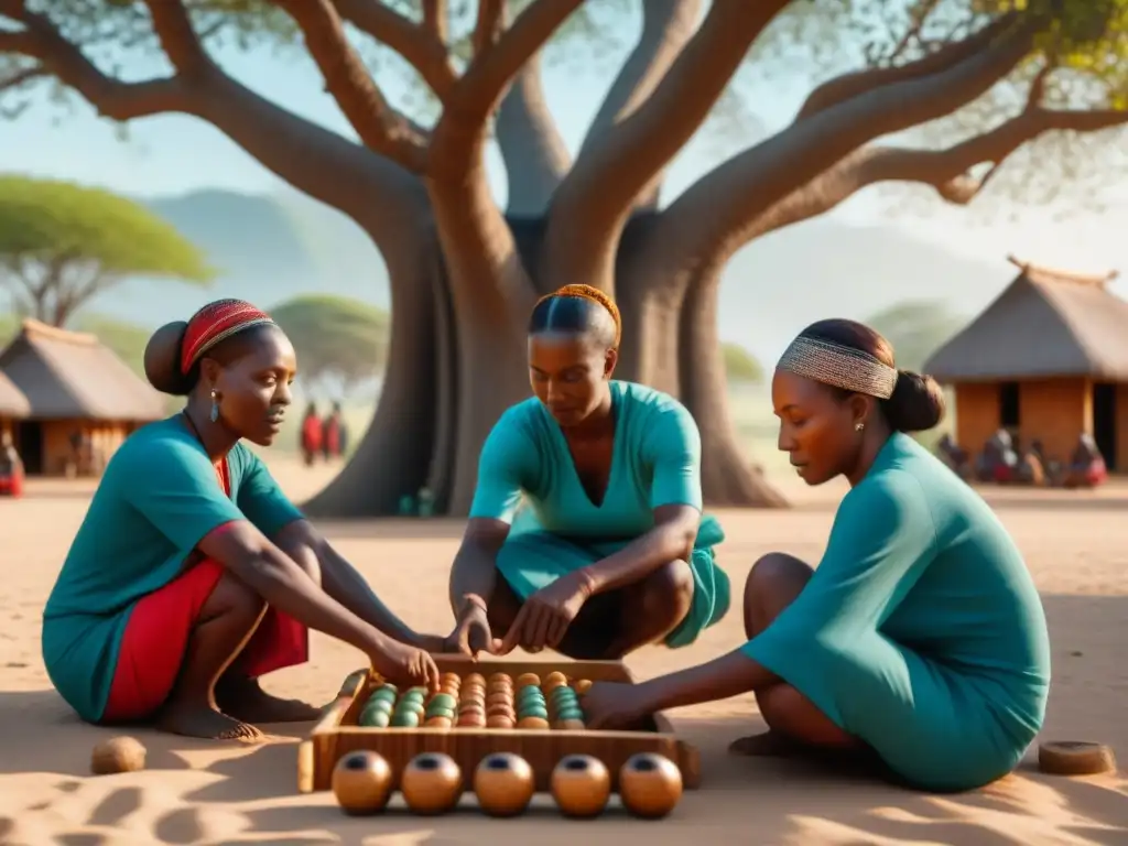 Un grupo diverso disfruta intensamente el juego Mancala bajo un Baobab en una aldea africana