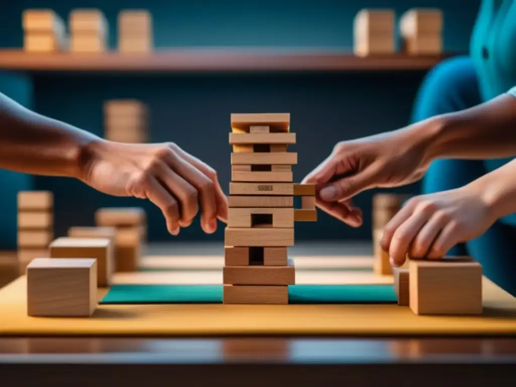 Grupo diverso disfruta juego de Jenga, demostrando concentración y destreza