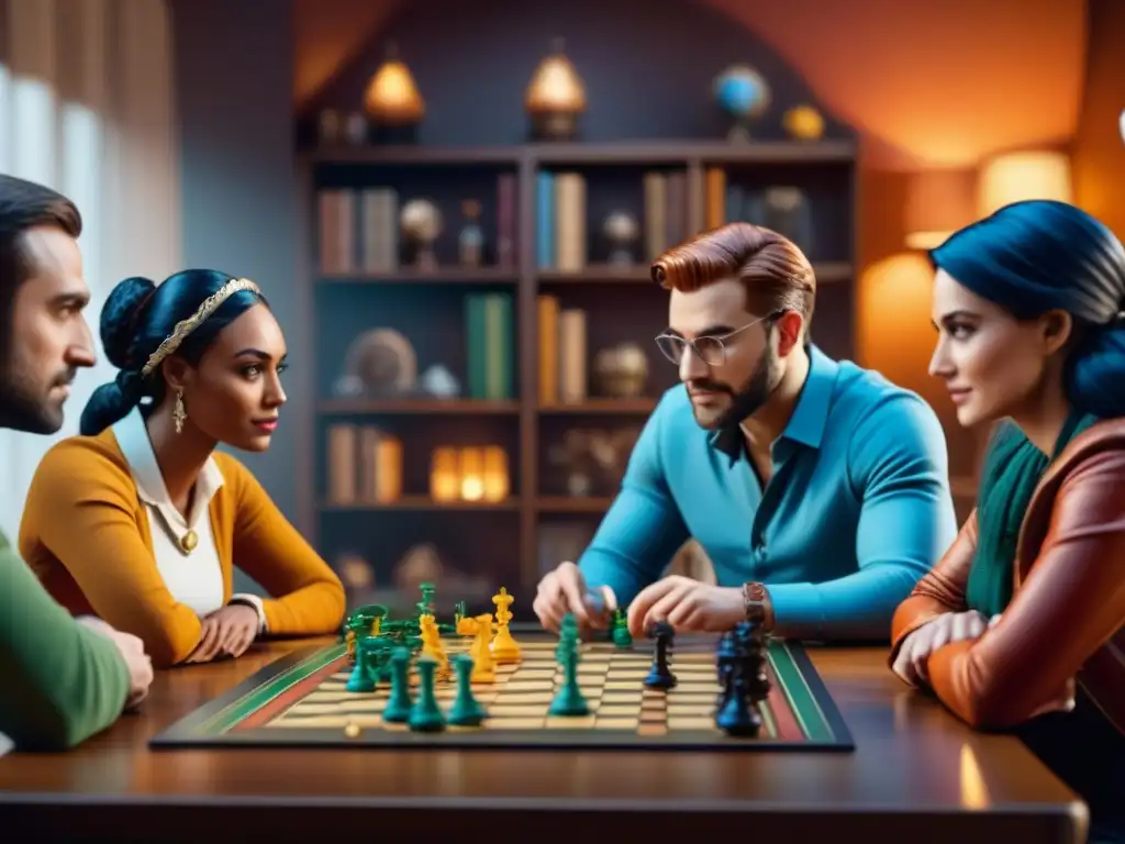 Grupo diverso disfruta apasionadamente de un juego de estrategia