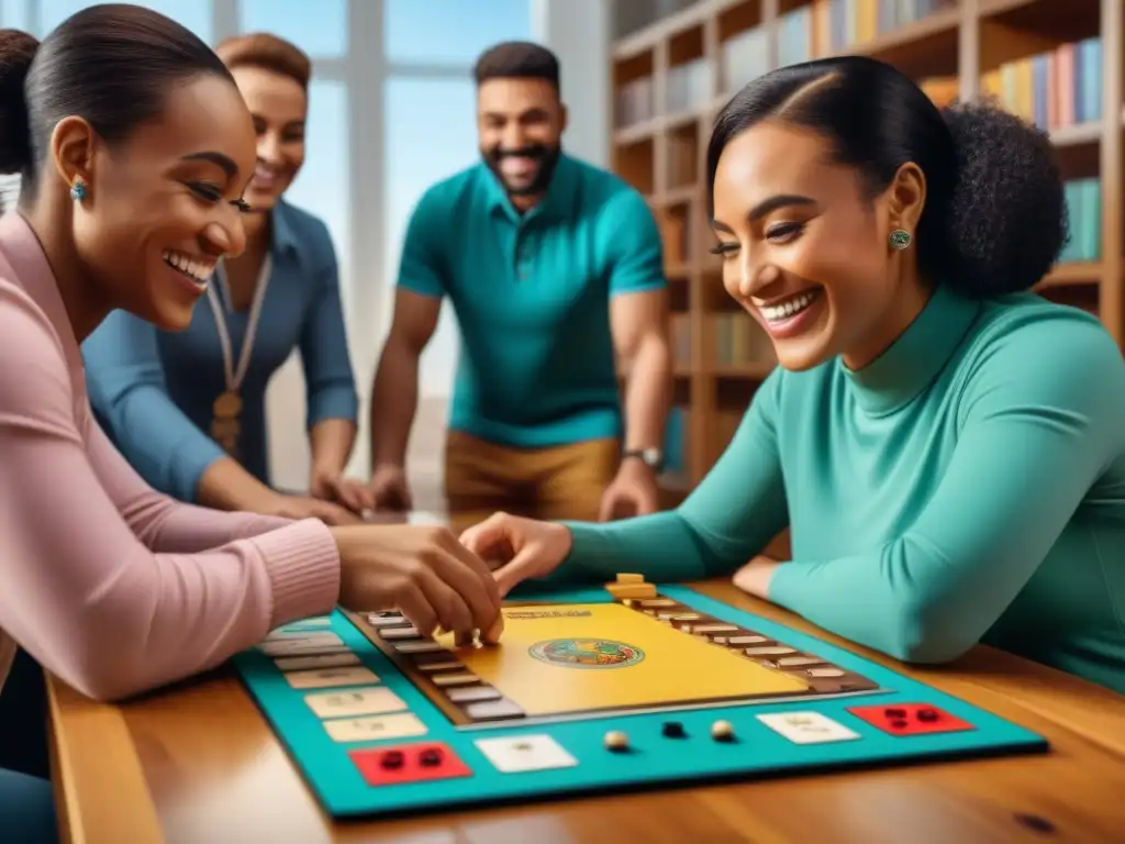 Un grupo diverso disfruta un juego inclusivo con piezas táctiles y braille en una mesa de madera