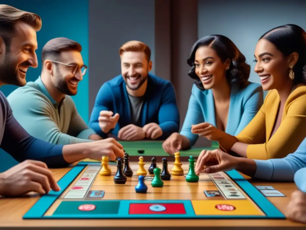 Un grupo diverso juega un juego de mesa, mostrando inclusividad y diversidad de habilidades cognitivas