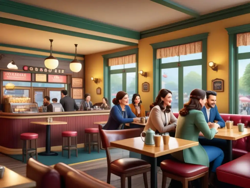 Un grupo diverso disfruta intensamente de un Juego de mesa Gilmore Girls en una acogedora cafetería de juegos de mesa