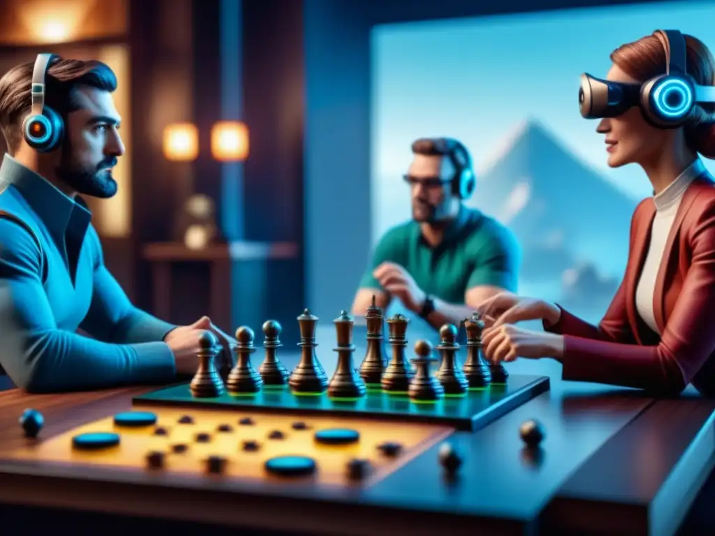 Grupo diverso disfruta apasionadamente de un juego de mesa futurista en realidad virtual