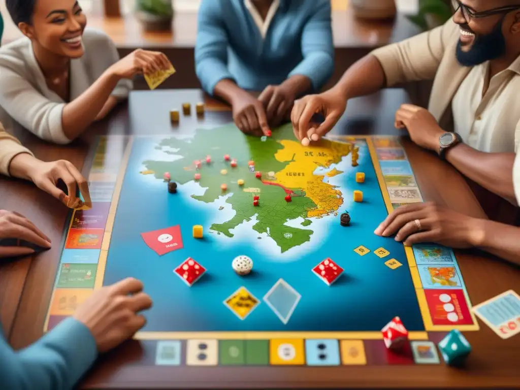 Un grupo diverso disfruta de un juego de mesa inclusivo global, compartiendo alegría y camaradería