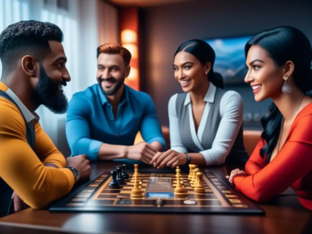 Grupo diverso disfrutando de un juego de mesa juntos, mostrando inclusión y alegría