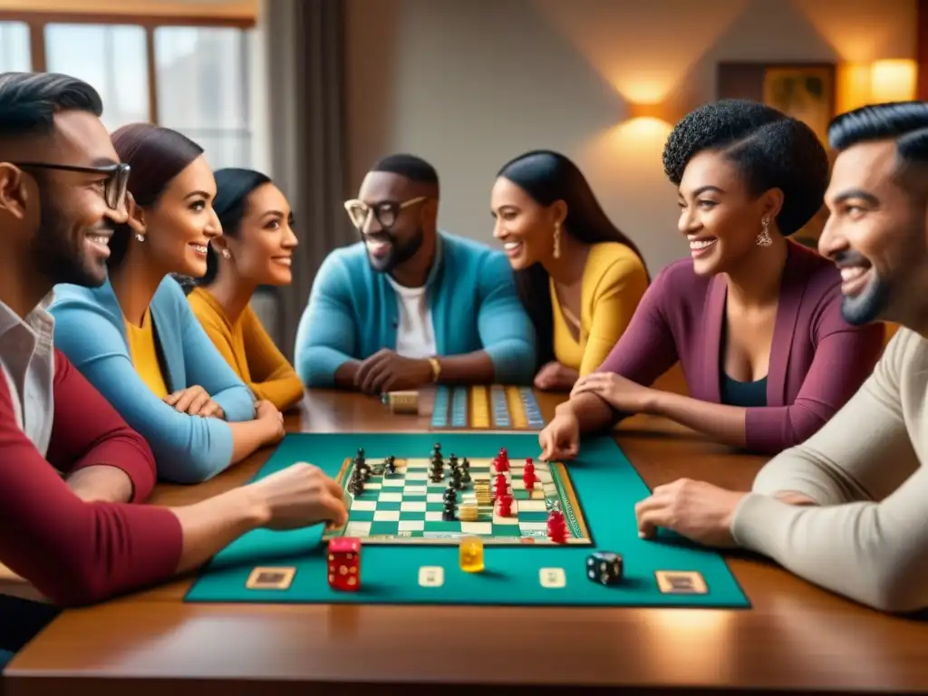 Grupo diverso disfruta de juego de mesa, mostrando la importancia de la diversidad en juegos de mesa