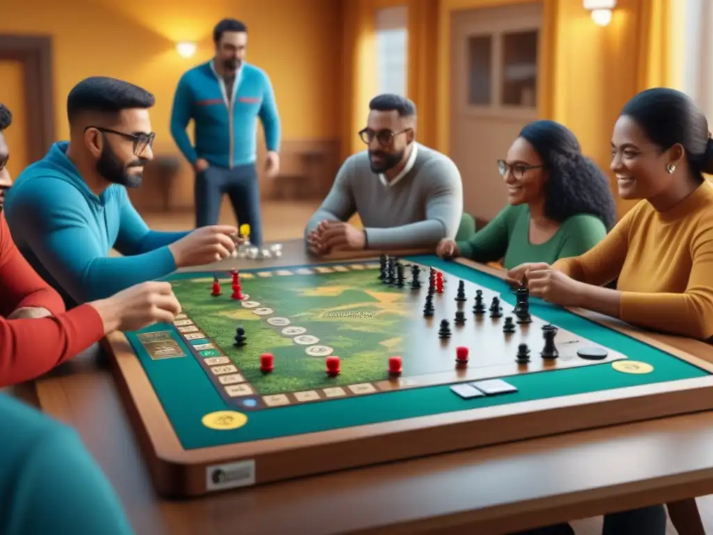 Grupo diverso disfruta de juego de mesa inclusivo en centro comunitario vibrante