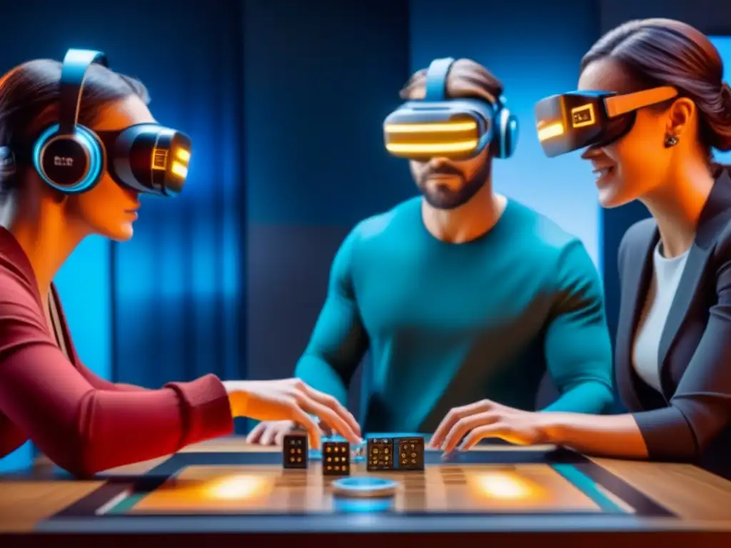 Un grupo diverso juega un juego de mesa futurista con tecnología de realidad virtual