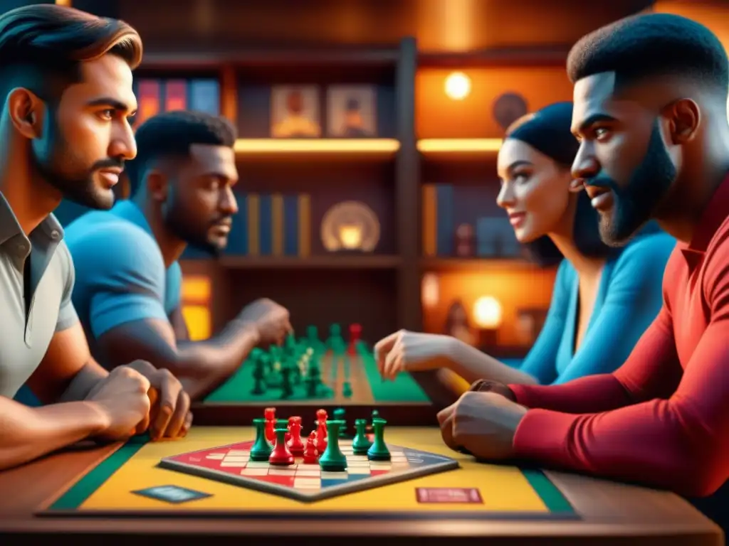 Un grupo diverso disfruta un juego de mesa con emoción y concentración