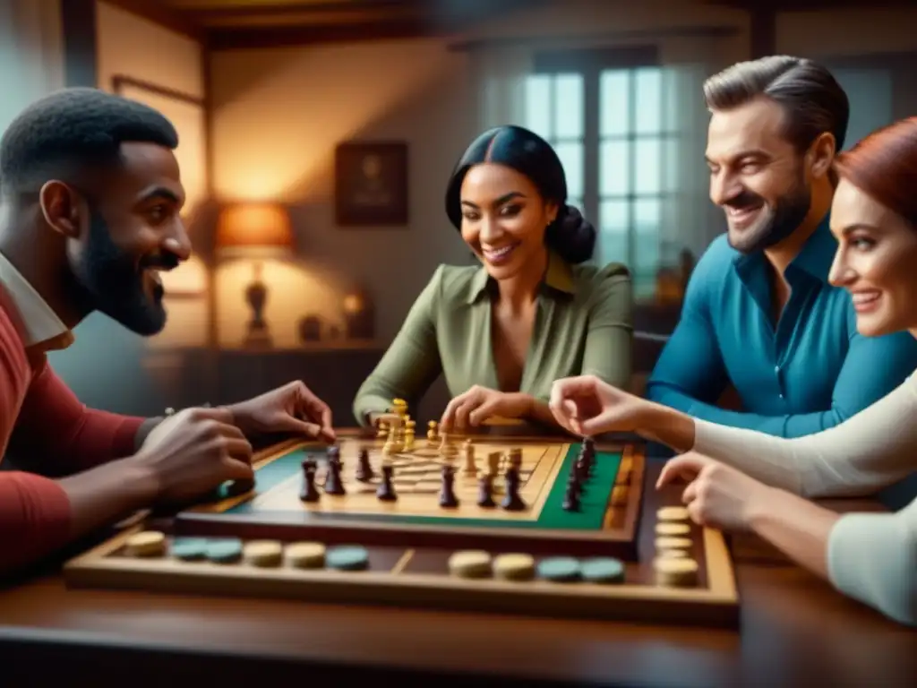 Grupo diverso disfrutando de un juego de mesa con emoción y camaradería